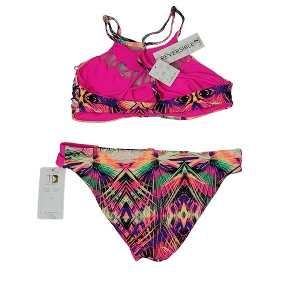 Tinibikini Two Piece Swimsuit Multicolor Small Tropical Reversible Beach Summer - Picture 2 of 5
